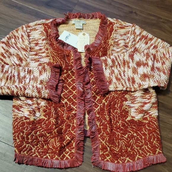 Lucky Brand Red and Cream Marled Pattern Fringe Trim Open Front Cropped Cardigan - Picture 4 of 10
